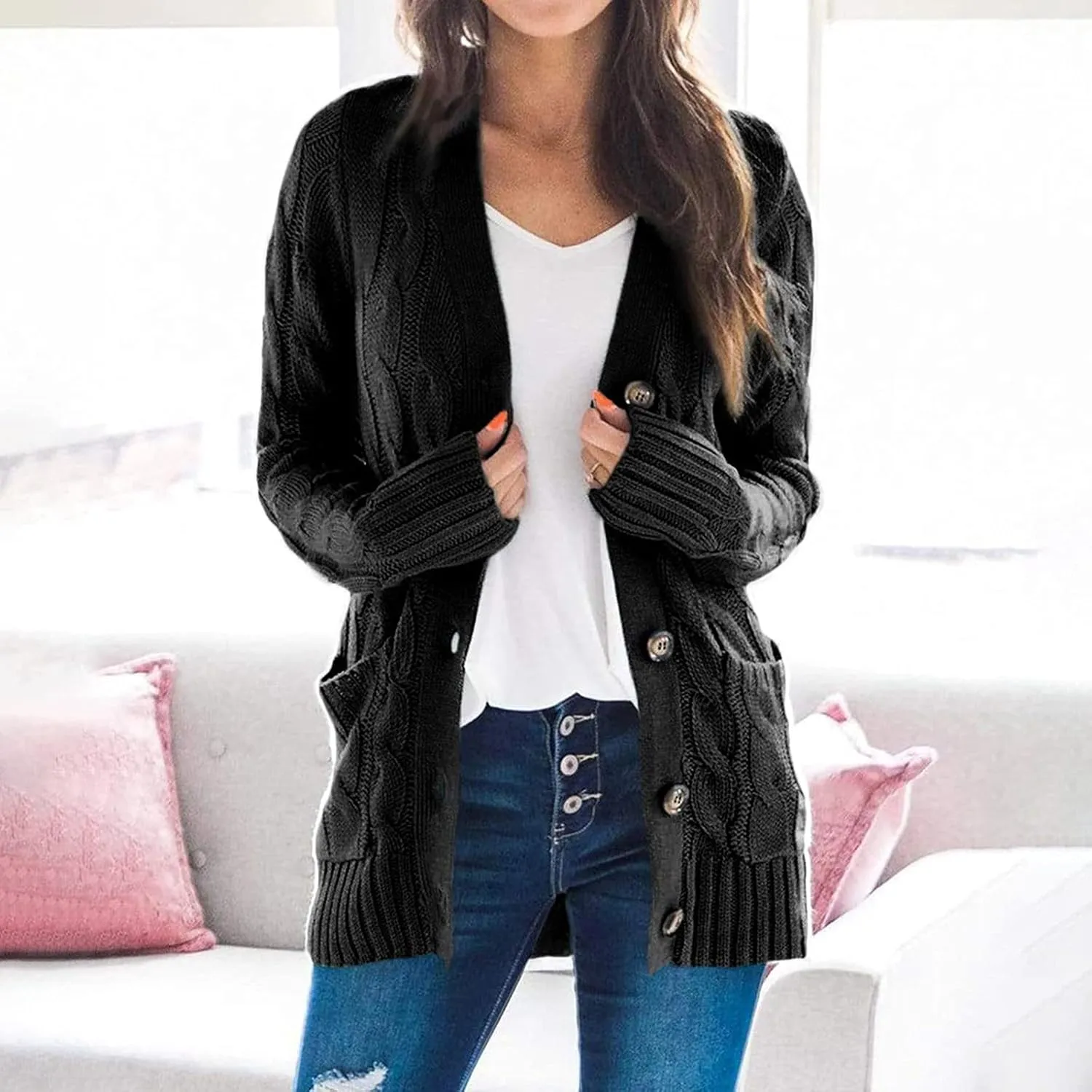Cardigan Sweaters for Women 2024 Fall Button Down Open Front Cardigan Knit Chunky Sweater Outwear Coats with Pockets