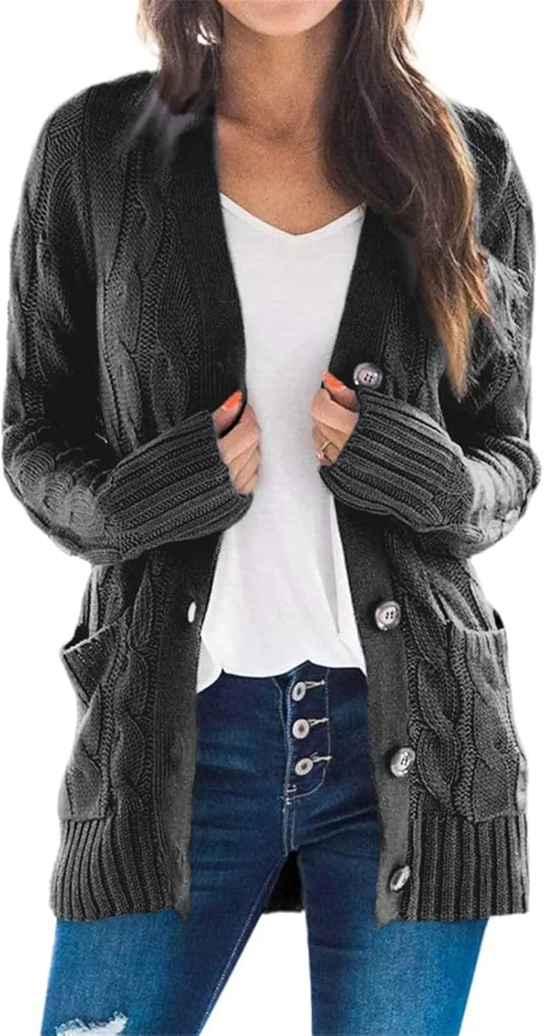 Cardigan Sweaters for Women 2024 Fall Button Down Open Front Cardigan Knit Chunky Sweater Outwear Coats with Pockets