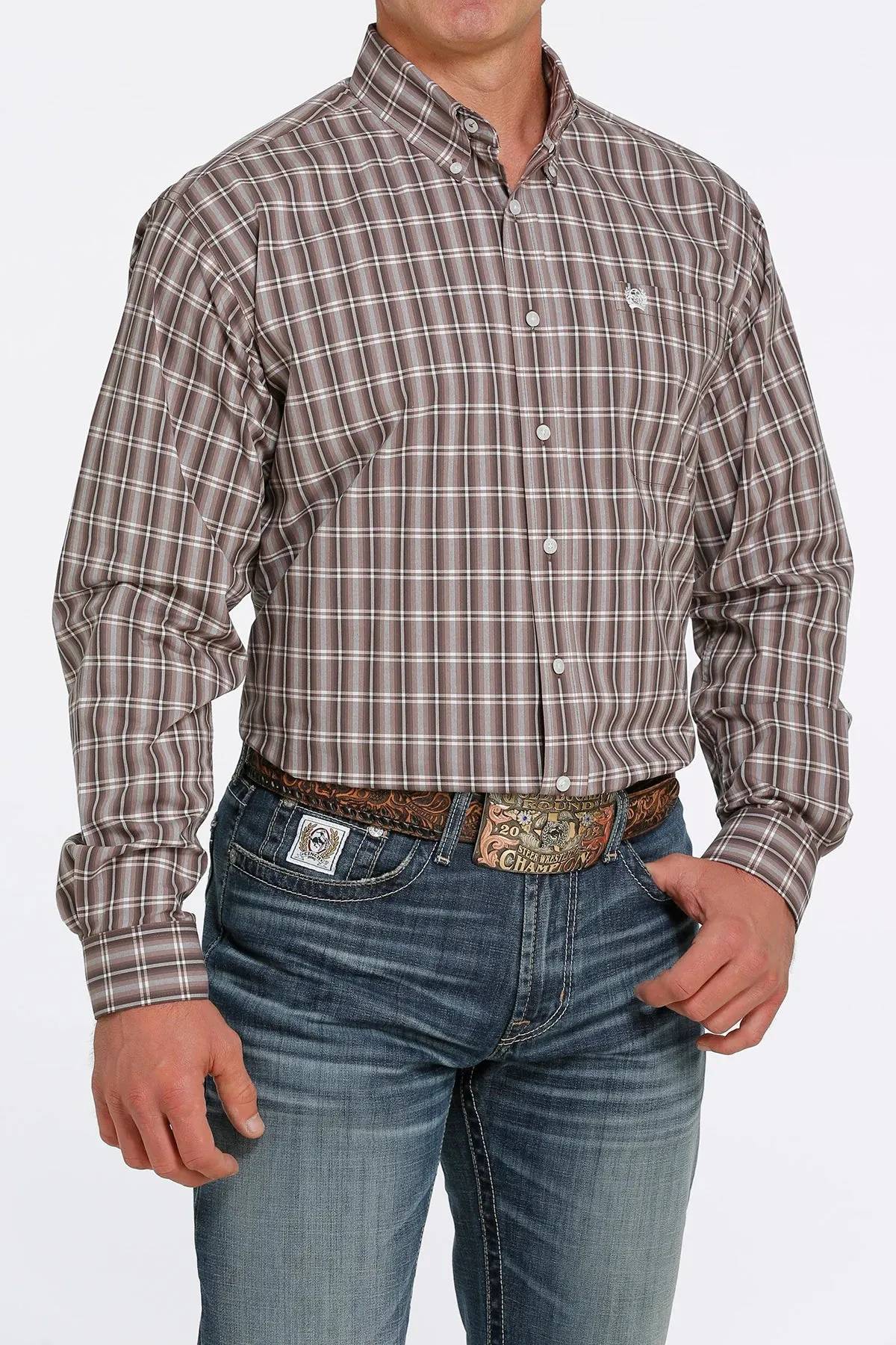 Cinch Men's Long Sleeve Button Down - Brown/White Plaid