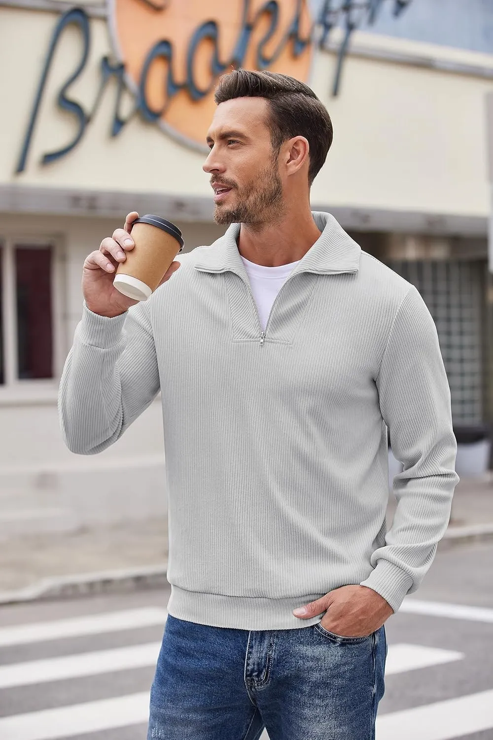 COOFANDY Men's Quarter Zip Up Pullover Mock Neck Long Sleeve Sweater Casual Corduroy Polo Sweatshirt