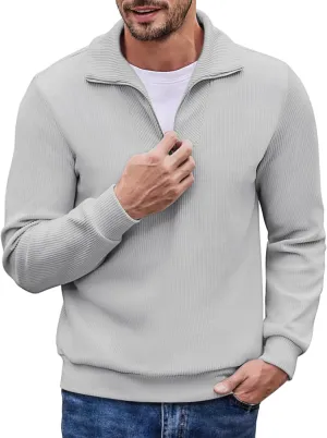 COOFANDY Men's Quarter Zip Up Pullover Mock Neck Long Sleeve Sweater Casual Corduroy Polo Sweatshirt