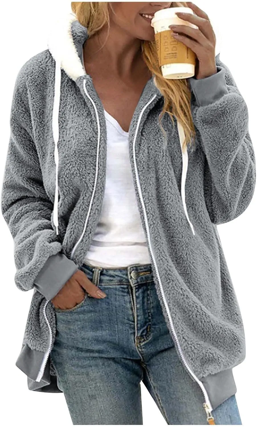 GOFULY Winter Oversized Hoodies For Women With Pockets Sherpa Coats Full Zip Fuzzy Fleece Cardigans Warm Solid Outerwear