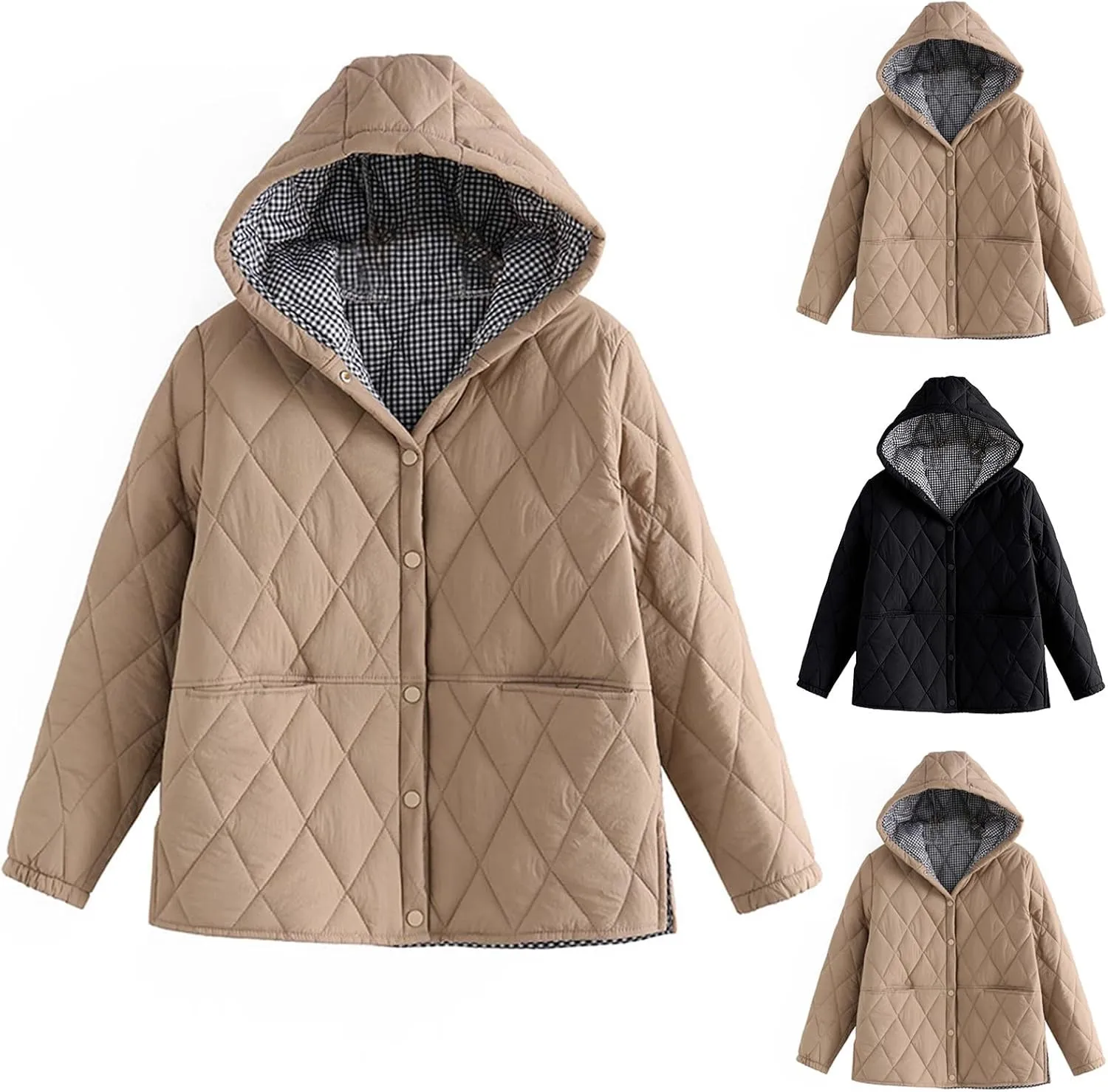 HGps8w Women's Mid-Long Hooded Quilted Puffer Jacket, Long Sleeve Padded Down Winter Coats Button Down Warm Outerwear