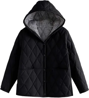 HGps8w Women's Mid-Long Hooded Quilted Puffer Jacket, Long Sleeve Padded Down Winter Coats Button Down Warm Outerwear