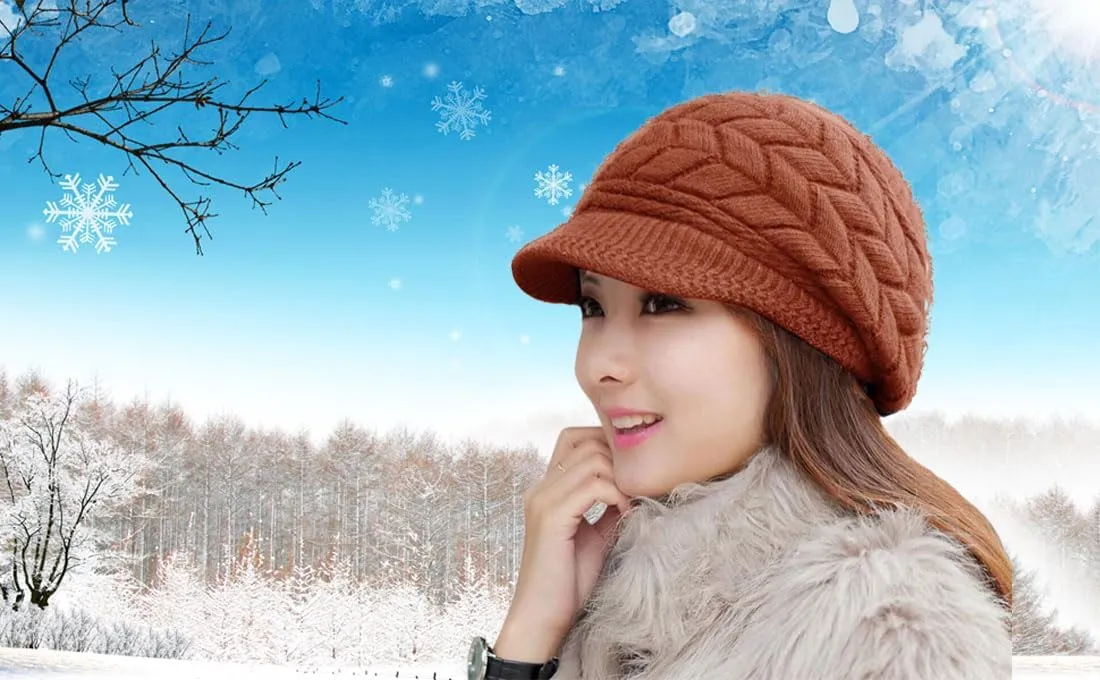 HINDAWI Women Winter Warm Knit Hat Wool Snow Ski Caps with Visor
