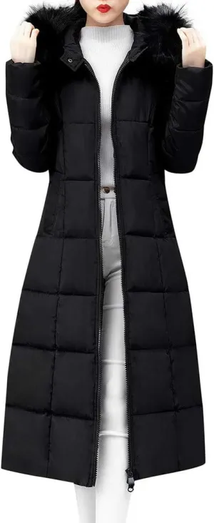 Long Down Winter Coats For Women Thicken Down Coats Full Zip Long Puffer Jacket Fur Hooded Quilted Parka Padded Jacket