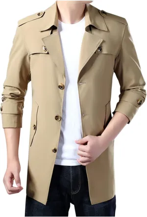 Men Trench Coat Winter Mid Length Wool Coat Notch Collar Cardigan Big and Tall Peacoat Lightweight Cardigan Coat