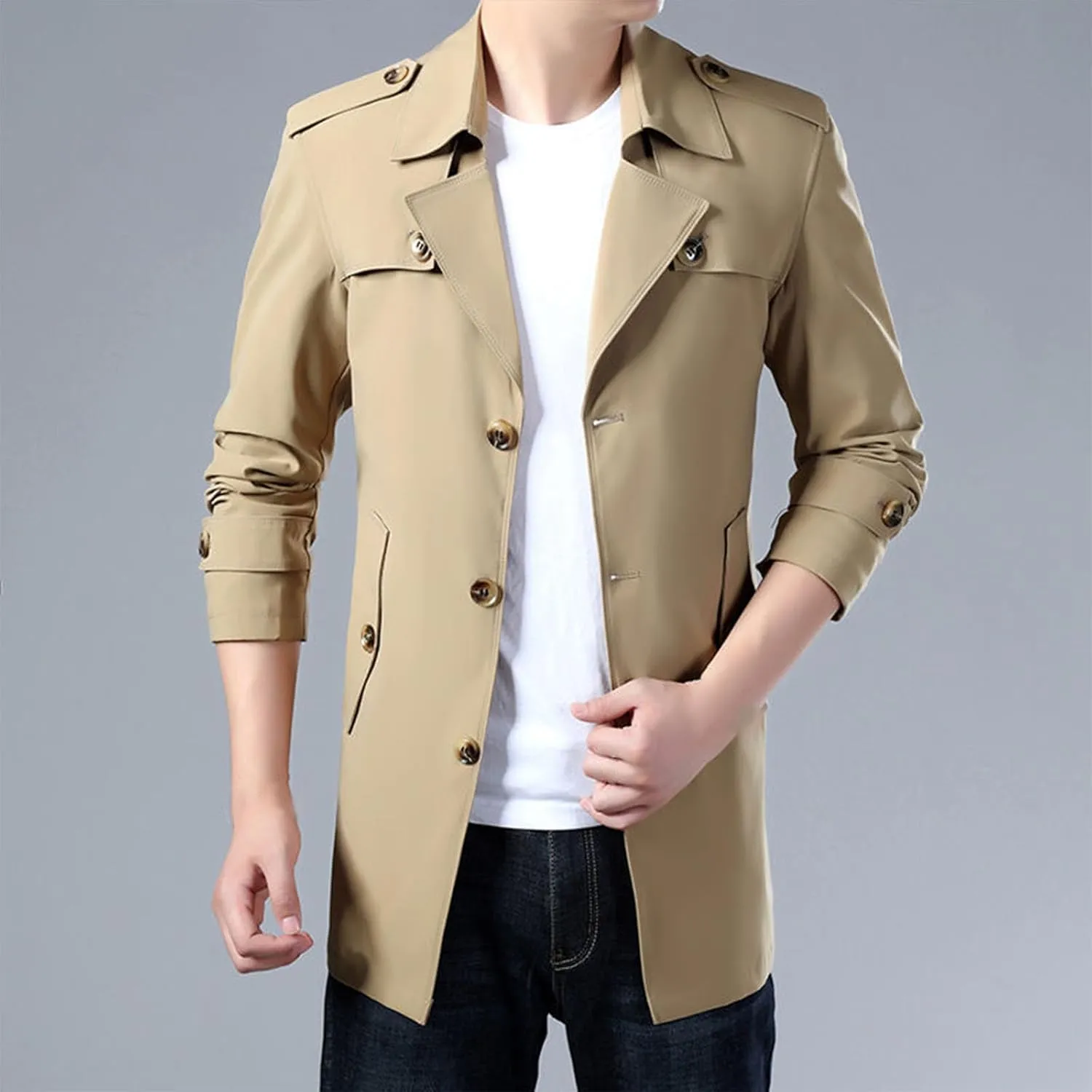 Men Trench Coat Winter Mid Length Wool Coat Notch Collar Cardigan Big and Tall Peacoat Lightweight Cardigan Coat