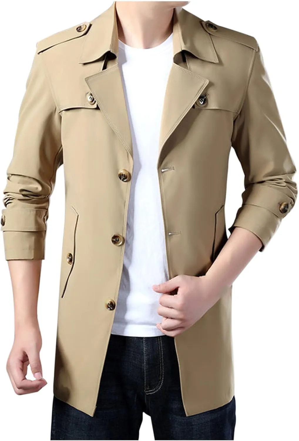 Men Trench Coat Winter Mid Length Wool Coat Notch Collar Cardigan Big and Tall Peacoat Lightweight Cardigan Coat