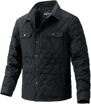 Men's Diamond Quilted Puffer Jacket Casual Fall Winter Shirts Snap Button Down Shirt Jackets for Men with Pockets