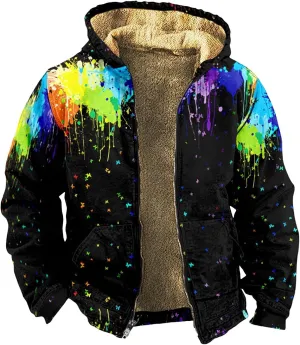 Mens Hoodies Zip Up Winter Fleece Lined Graphic Jacket Thermal Cold Weather Cool Coat Workout Oversized Heated Outwear