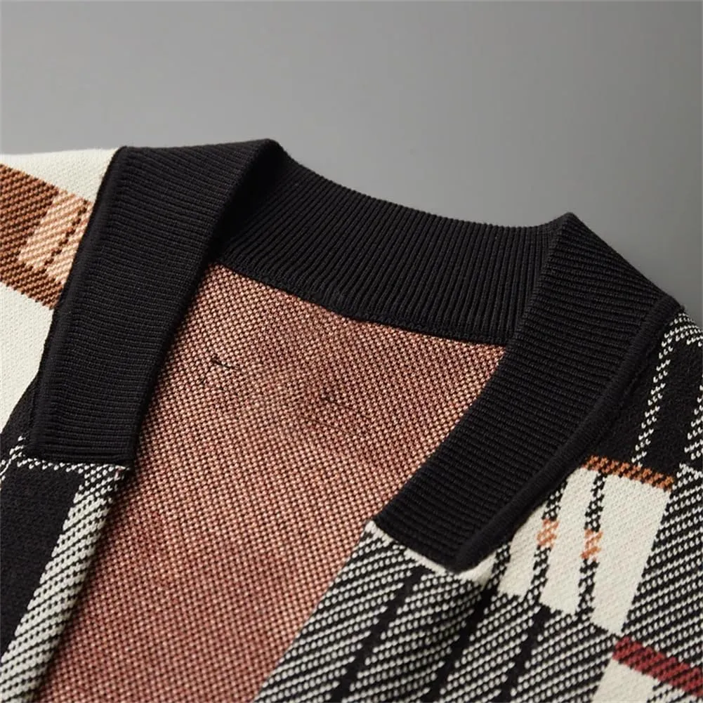 Open Front Woolen Cardigans for Men Vintage Jacquard Jumper Thick Knitted Button Down Sweater Coat