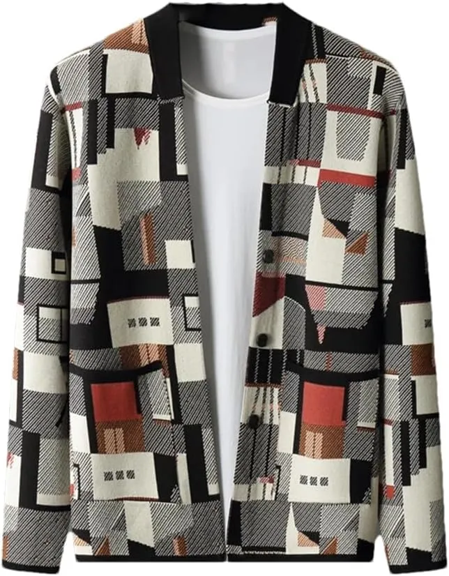 Open Front Woolen Cardigans for Men Vintage Jacquard Jumper Thick Knitted Button Down Sweater Coat