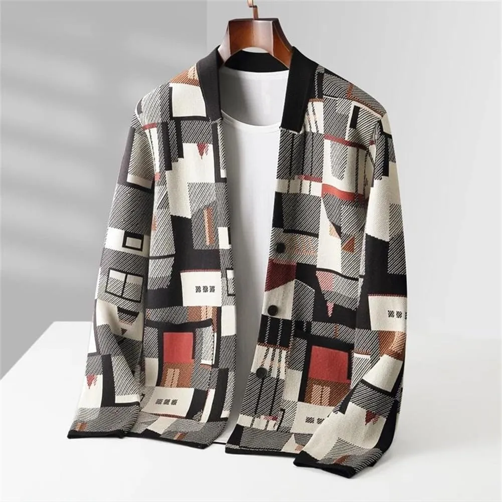 Open Front Woolen Cardigans for Men Vintage Jacquard Jumper Thick Knitted Button Down Sweater Coat