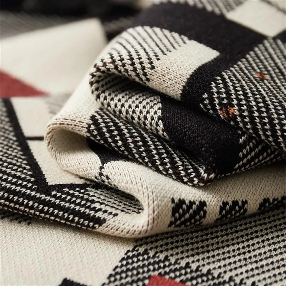 Open Front Woolen Cardigans for Men Vintage Jacquard Jumper Thick Knitted Button Down Sweater Coat