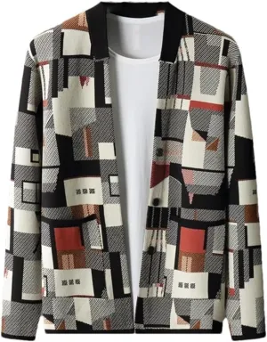 Open Front Woolen Cardigans for Men Vintage Jacquard Jumper Thick Knitted Button Down Sweater Coat