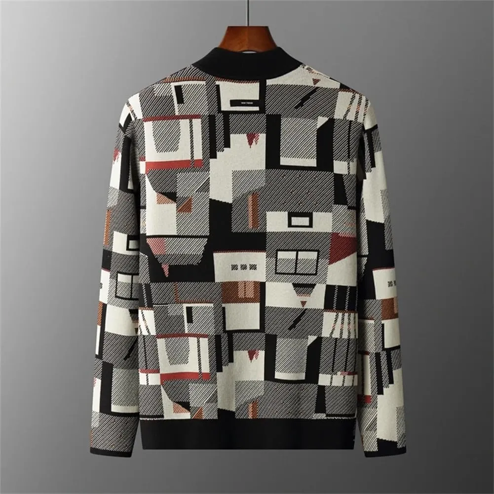 Open Front Woolen Cardigans for Men Vintage Jacquard Jumper Thick Knitted Button Down Sweater Coat