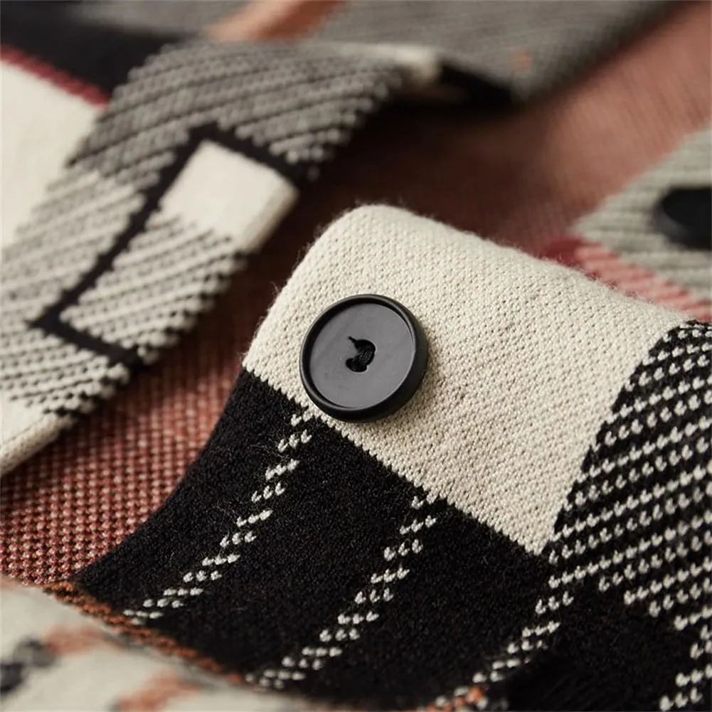 Open Front Woolen Cardigans for Men Vintage Jacquard Jumper Thick Knitted Button Down Sweater Coat