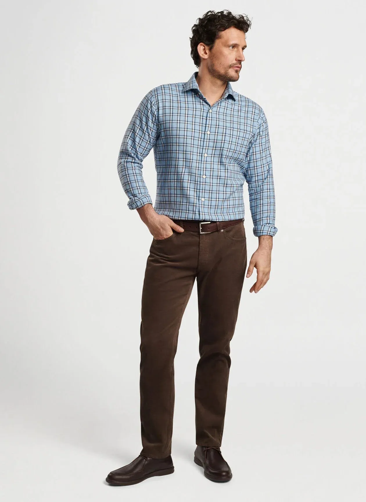 Peter Millar Nelson Flannelite Cotton-Stretch Sport Shirt in Cottage Blue