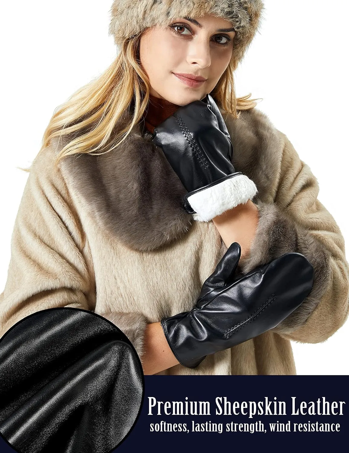 Rabbit Fur Lined Very Warm Leather Mittens for Women with Finger Liners Touchscreen Texting Driving