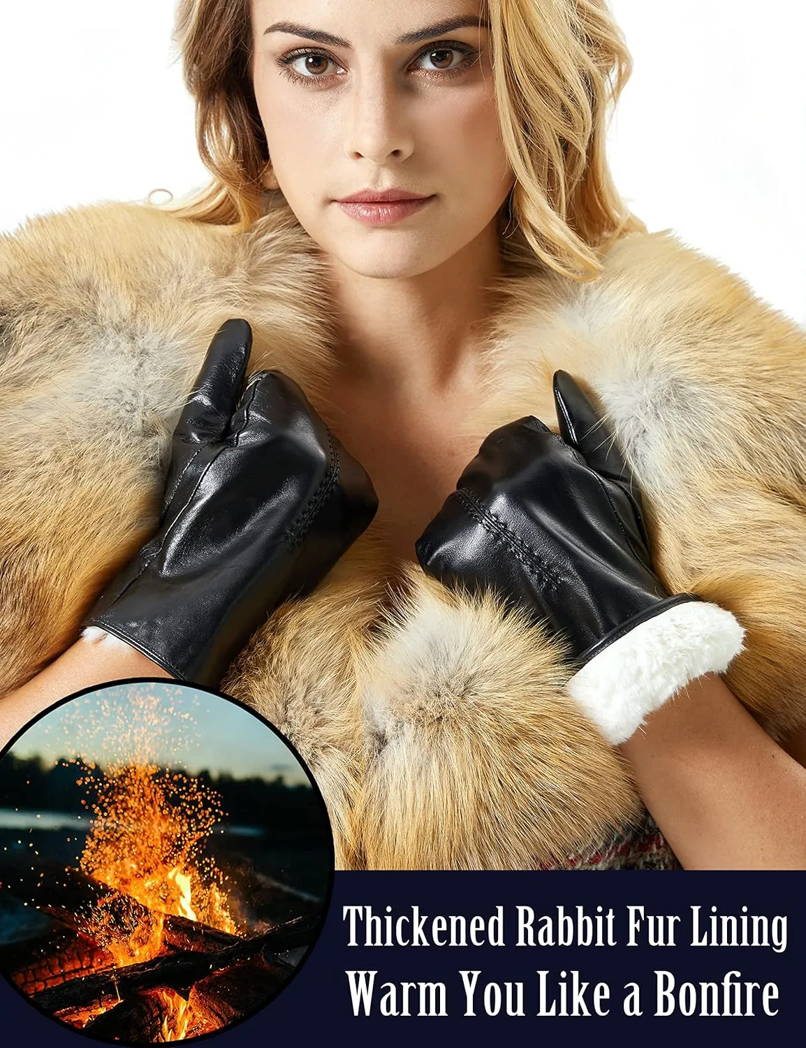 Rabbit Fur Lined Very Warm Leather Mittens for Women with Finger Liners Touchscreen Texting Driving