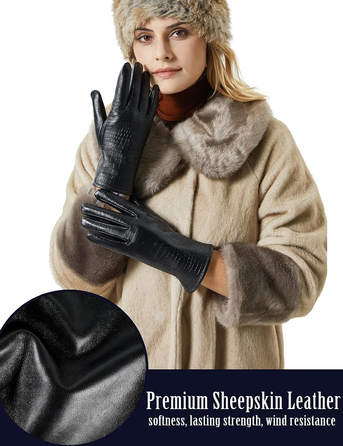 Very Warm Womens Rabbit Fur Leather Gloves for Women Touchscreen Texting Driving Gloves