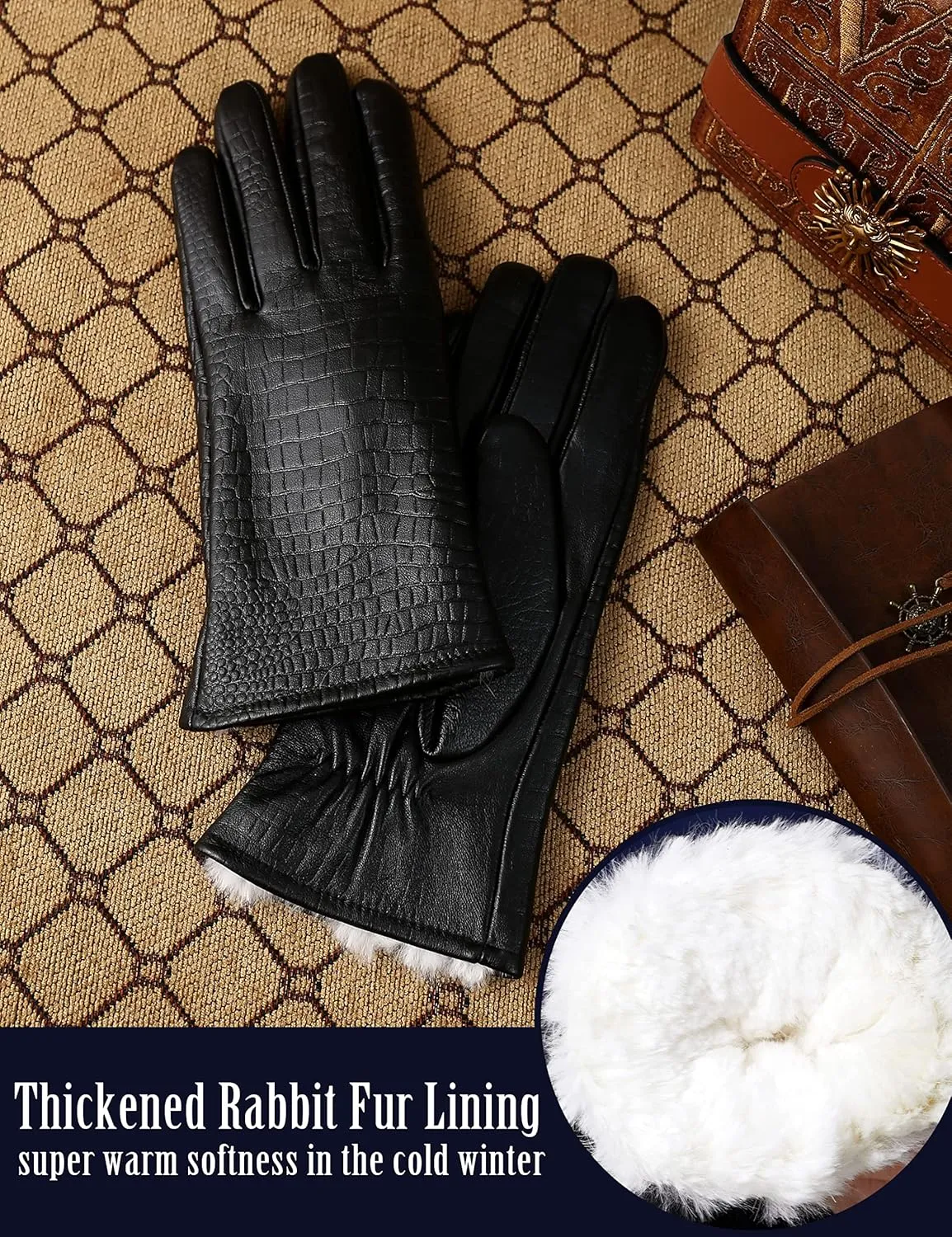 Very Warm Womens Rabbit Fur Leather Gloves for Women Touchscreen Texting Driving Gloves
