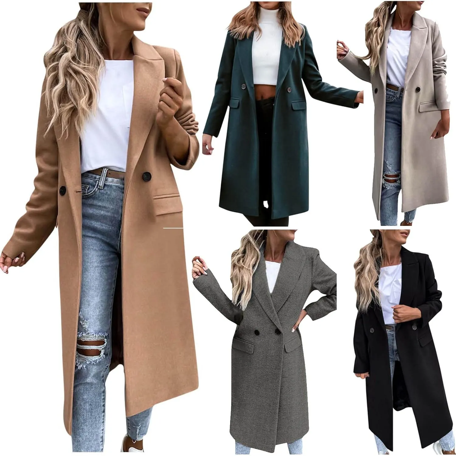 Wkishenl Women Elegant Lapel Collar Double Breasted Trench Coat Winter Wool Blend Long Jackets Casual Long Sleeve Pea Coat