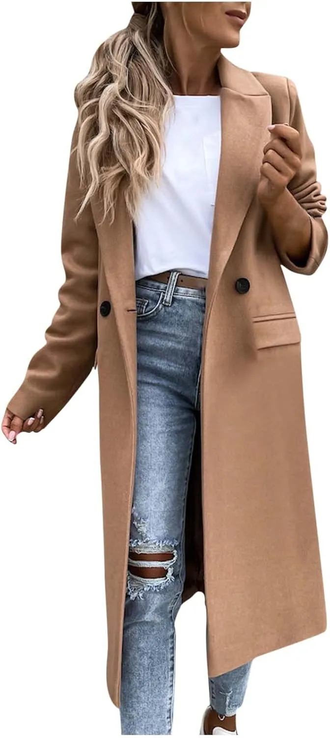 Wkishenl Women Elegant Lapel Collar Double Breasted Trench Coat Winter Wool Blend Long Jackets Casual Long Sleeve Pea Coat