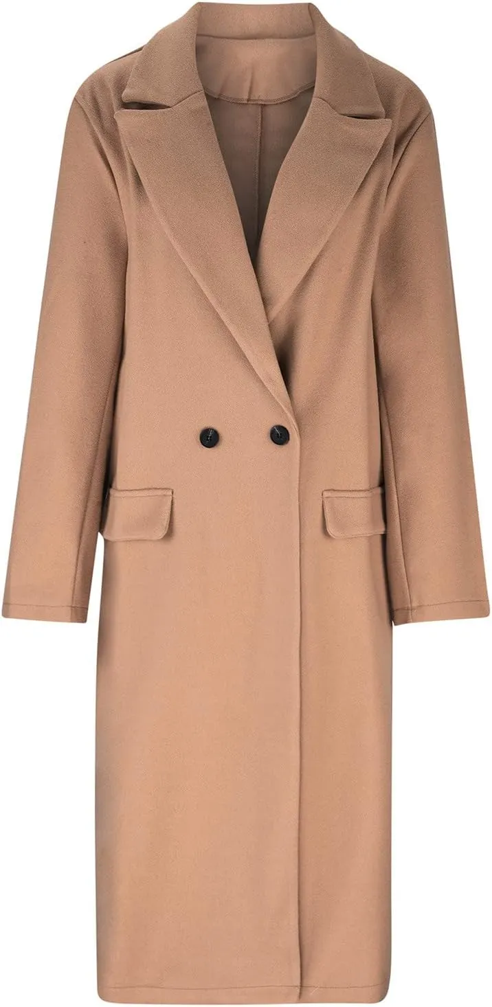 Wkishenl Women Elegant Lapel Collar Double Breasted Trench Coat Winter Wool Blend Long Jackets Casual Long Sleeve Pea Coat