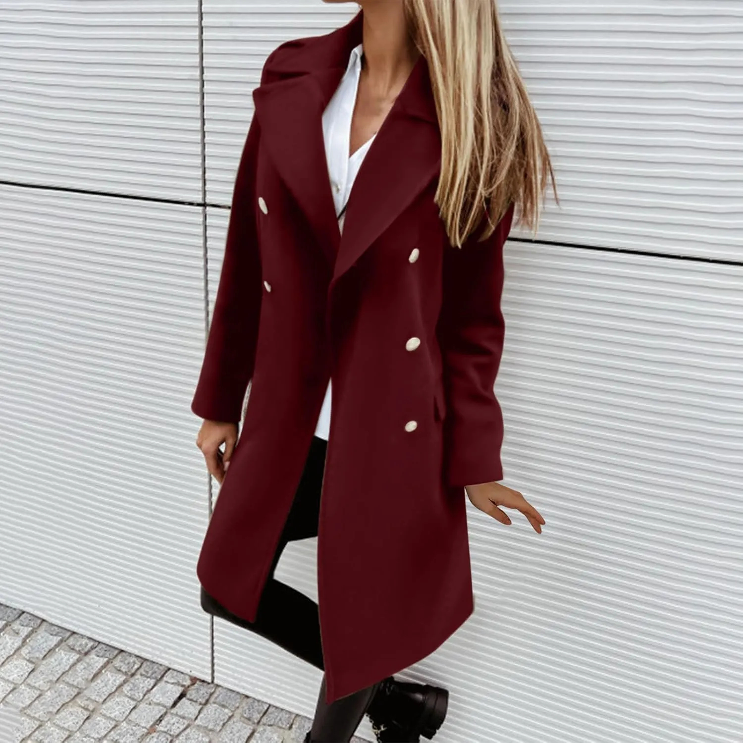 Women's Fall Winter Wool Blend Mid Long Pea Coat Notch Lapel Dressy Work Office Trench Overcoats with Pockets