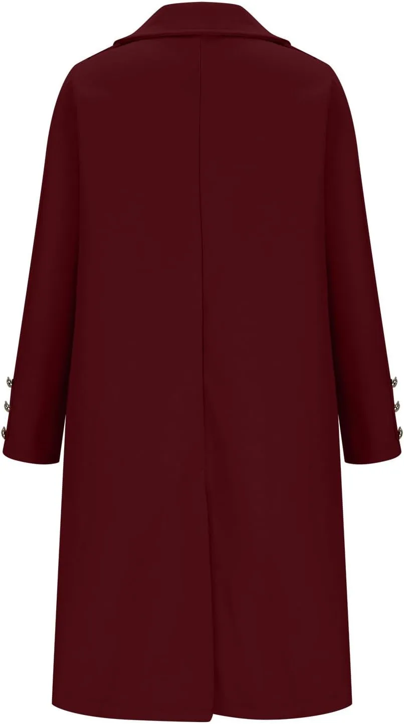 Women's Fall Winter Wool Blend Mid Long Pea Coat Notch Lapel Dressy Work Office Trench Overcoats with Pockets