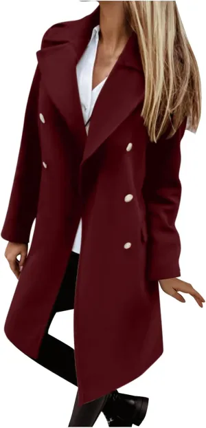 Women's Fall Winter Wool Blend Mid Long Pea Coat Notch Lapel Dressy Work Office Trench Overcoats with Pockets