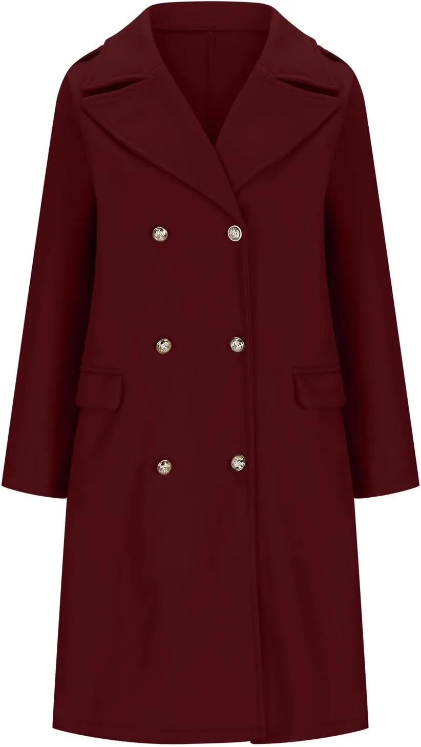 Women's Fall Winter Wool Blend Mid Long Pea Coat Notch Lapel Dressy Work Office Trench Overcoats with Pockets