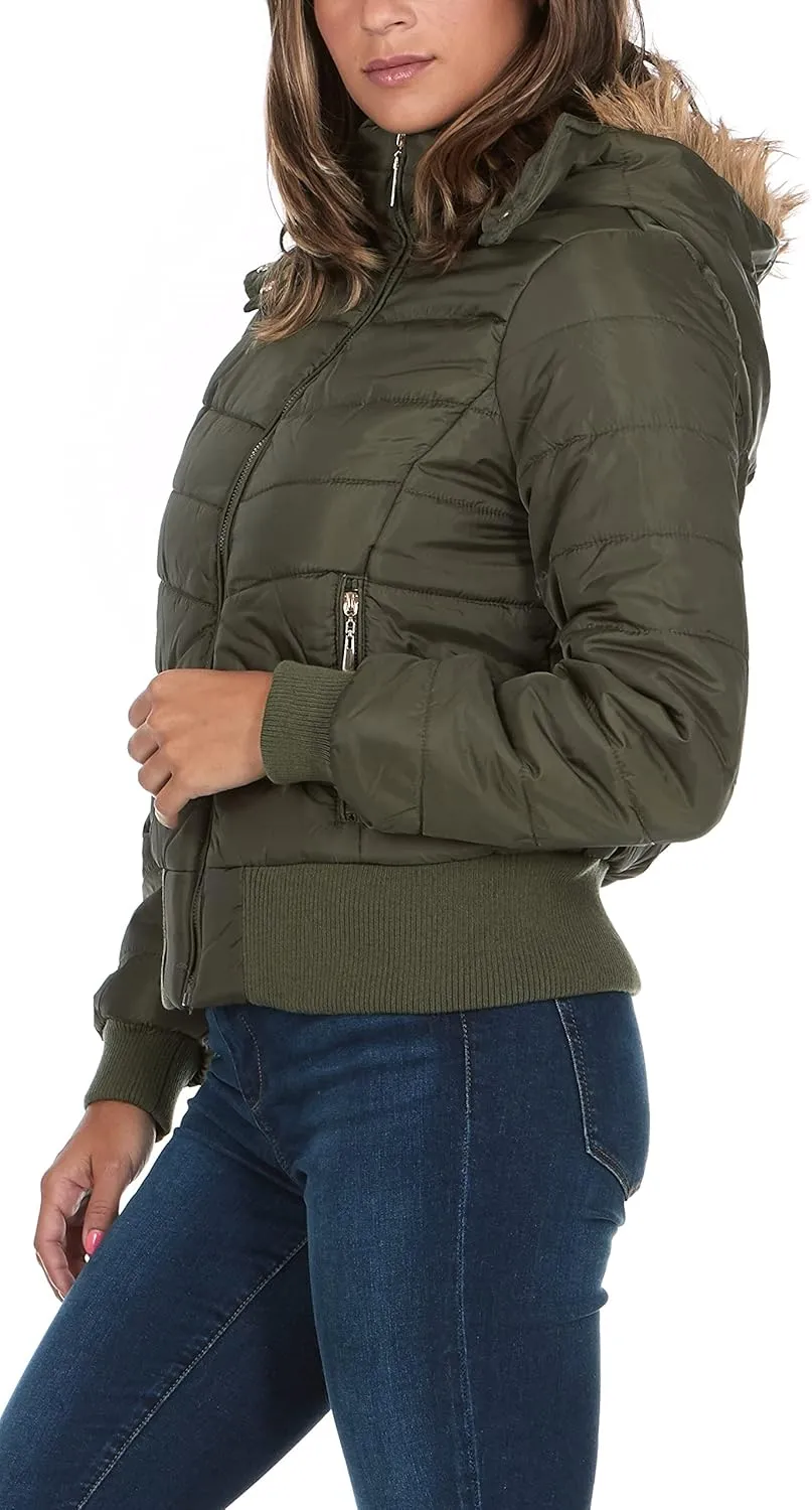 Womens Faux Fur Lined Hooded Puffer Down Jacket