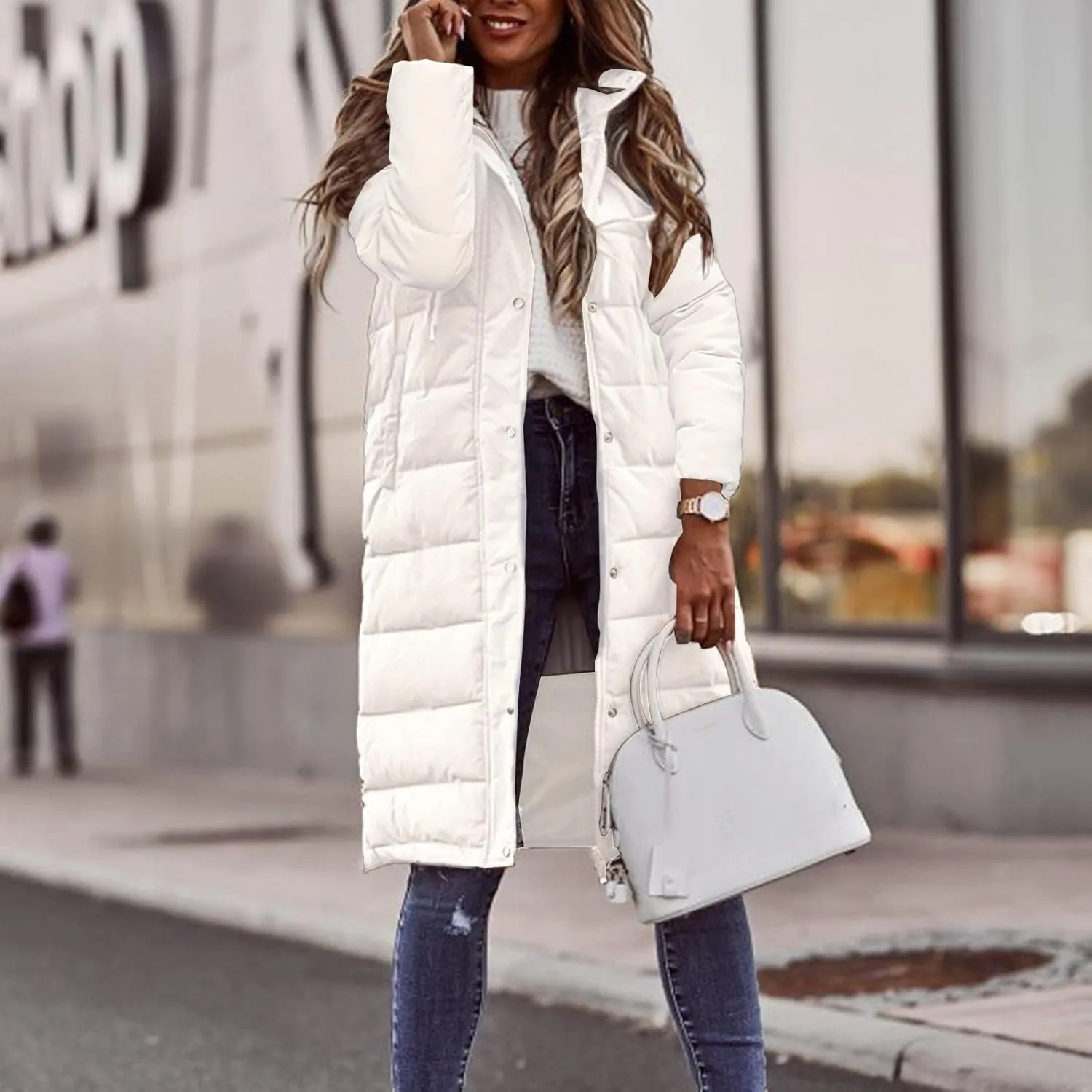 Womens Long Puffer Coats Long Sleeve Hooded Down Jacket Oversized Quilted Zip up Warm Winter Outwear with Pockets