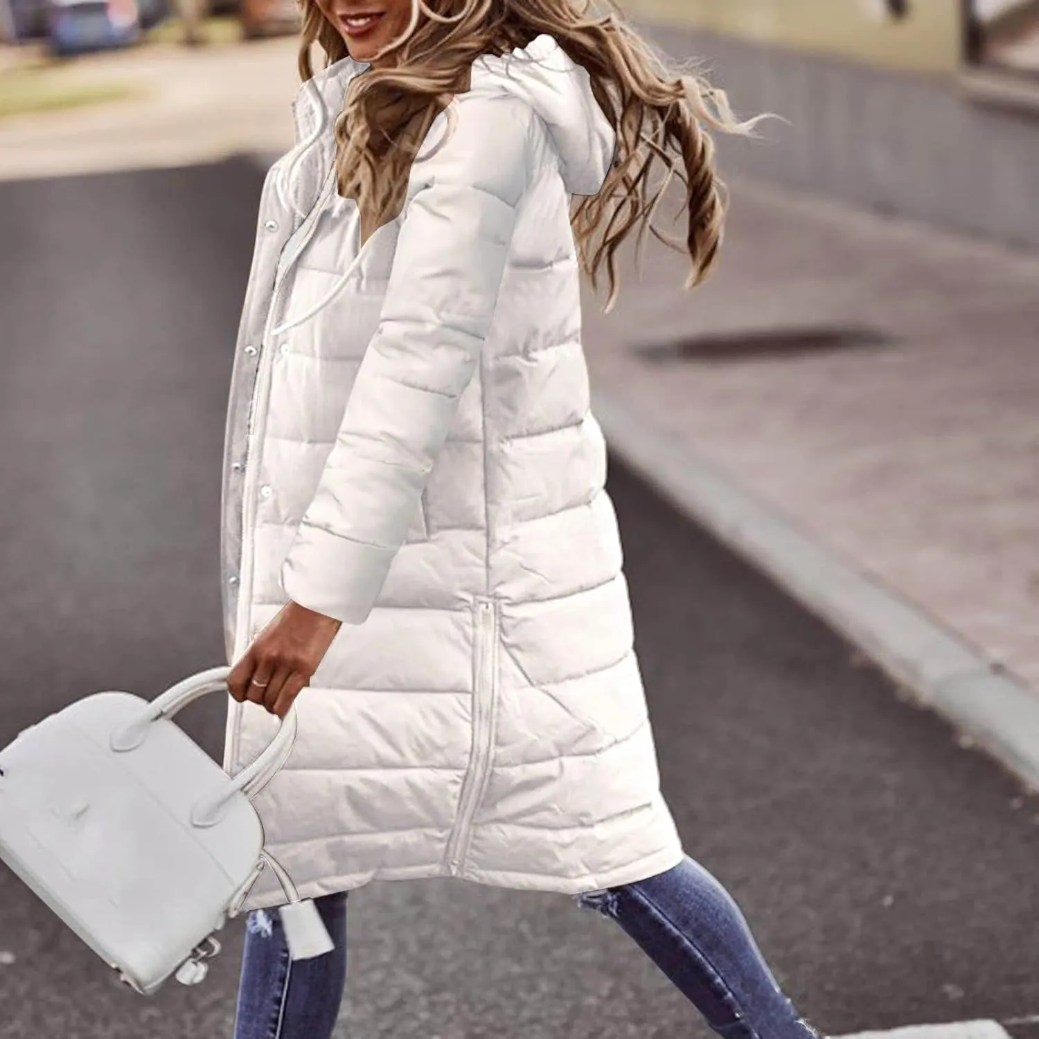 Womens Long Puffer Coats Long Sleeve Hooded Down Jacket Oversized Quilted Zip up Warm Winter Outwear with Pockets
