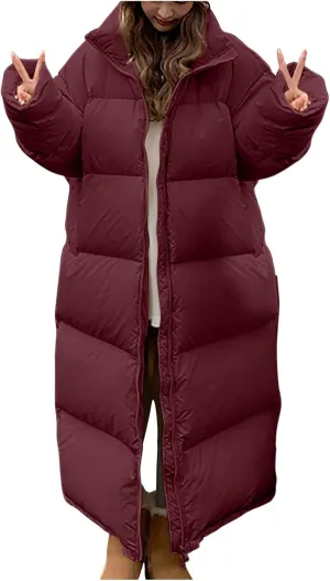 Womens Thicken Long Down Jacket Heavyweight Solid Color Winter Thermal Puffer Coats Fashion Zipper Long Sleeve Outfits