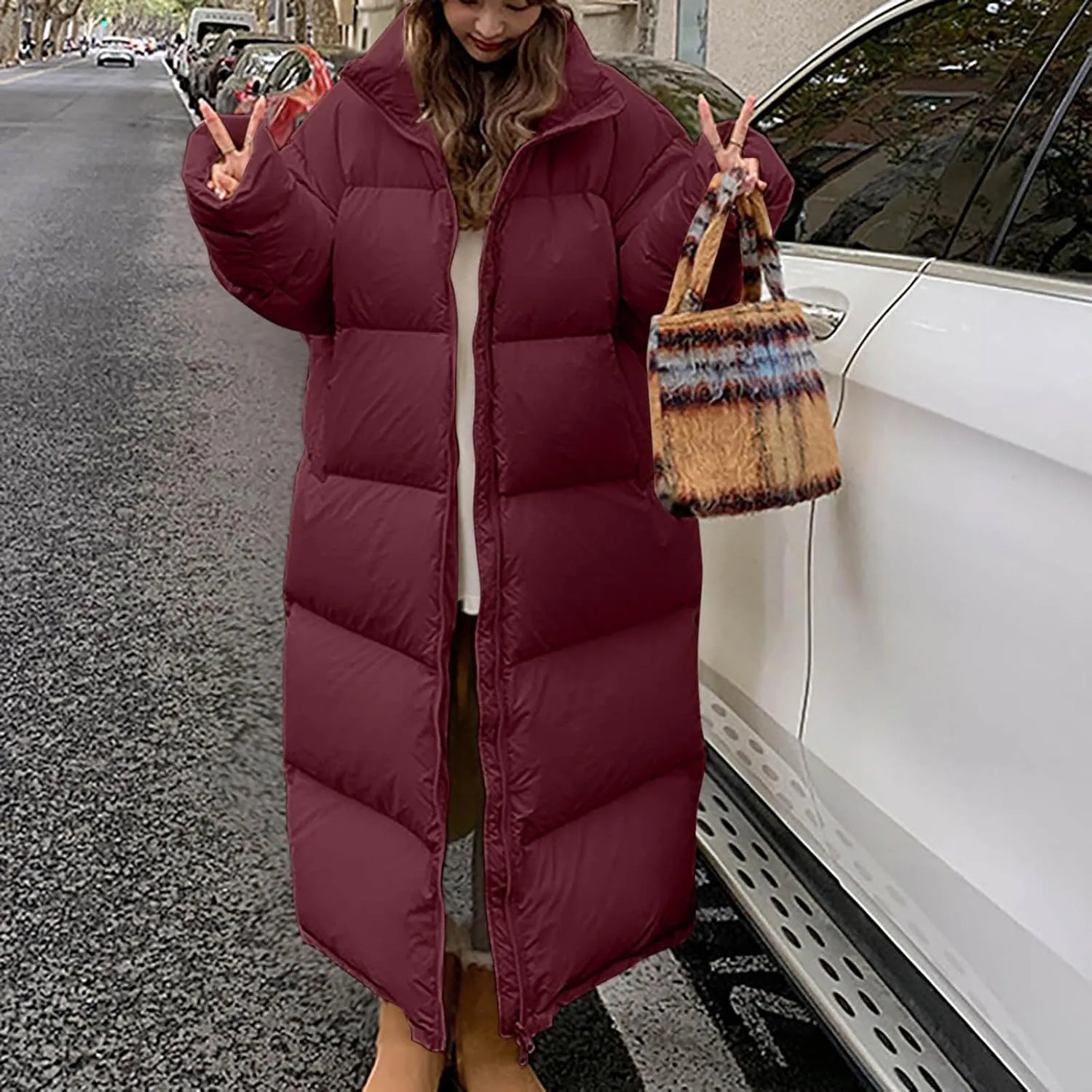 Womens Thicken Long Down Jacket Heavyweight Solid Color Winter Thermal Puffer Coats Fashion Zipper Long Sleeve Outfits