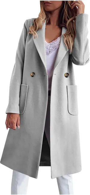 Wool Coats for Women Casual Winter Mid Long Oversized Trench Coat Notched Lapel Collar Doubel-Breasted Over Coats