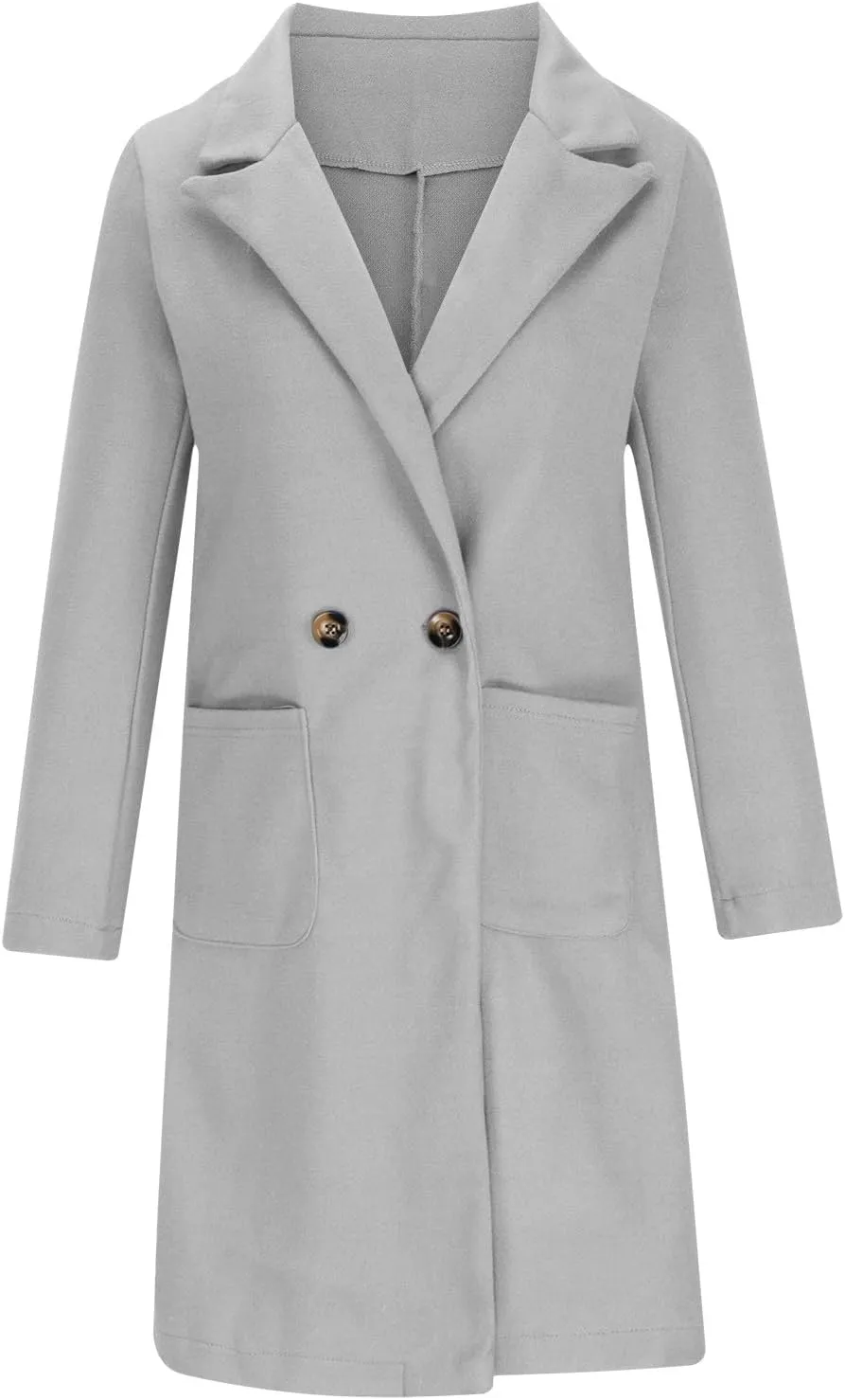 Wool Coats for Women Casual Winter Mid Long Oversized Trench Coat Notched Lapel Collar Doubel-Breasted Over Coats
